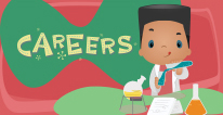 Careers navigational icon consisting of the words Careers with a young male cartoon character shown working with laboratory items (i.e., various flasks, etc.); hyperlink to Careers at the NRC page