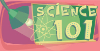 Science 101 navigational icon consisting of the words Science 101 with an image of an industrial type light with shade shining on a board with the words Science 101 and an atom symbol; hyperlink to Students Corner Science 101 page