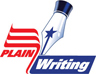 Plain Language Icon, consisting of the tip of a fountain pen with a blue star on it, and the words Plain Language appearing as a U.S. flag image